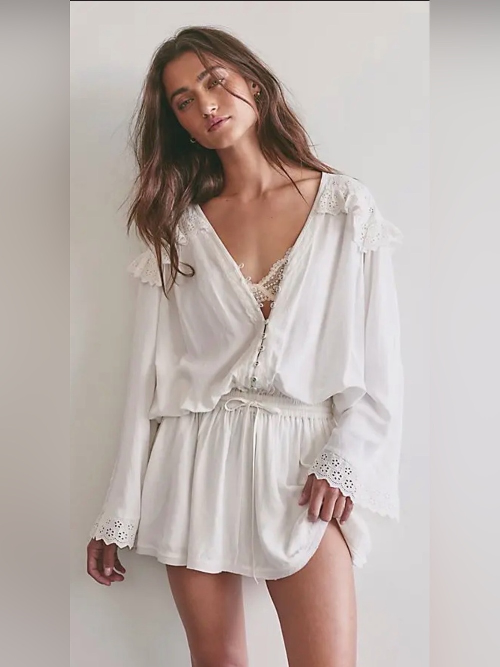Eyelet Trim Cream Romper
